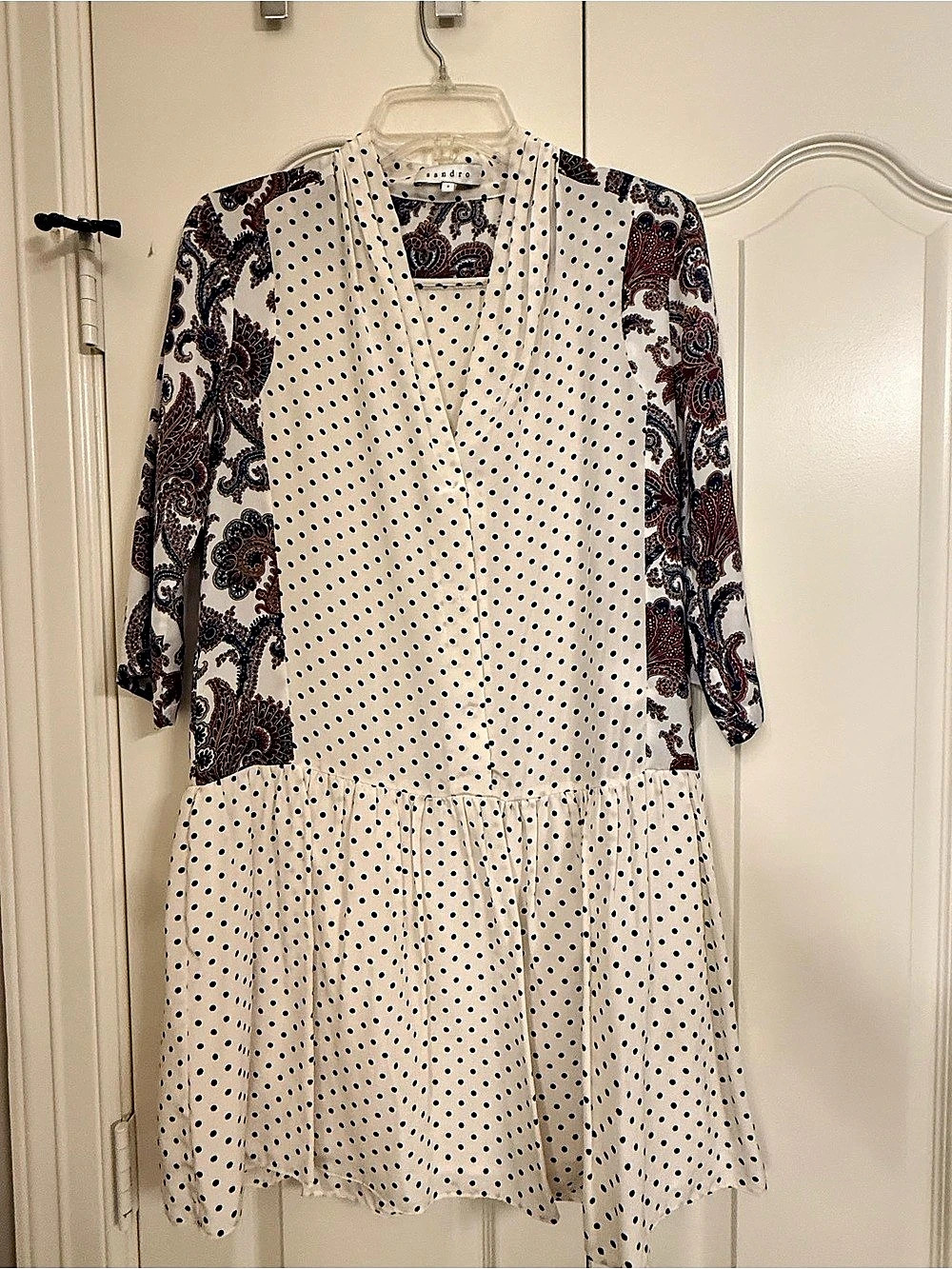 Sandro Paris 100% Silk- Mixed Print Polka Dot Paisley V-Neck Dress EU 2 (US-M)